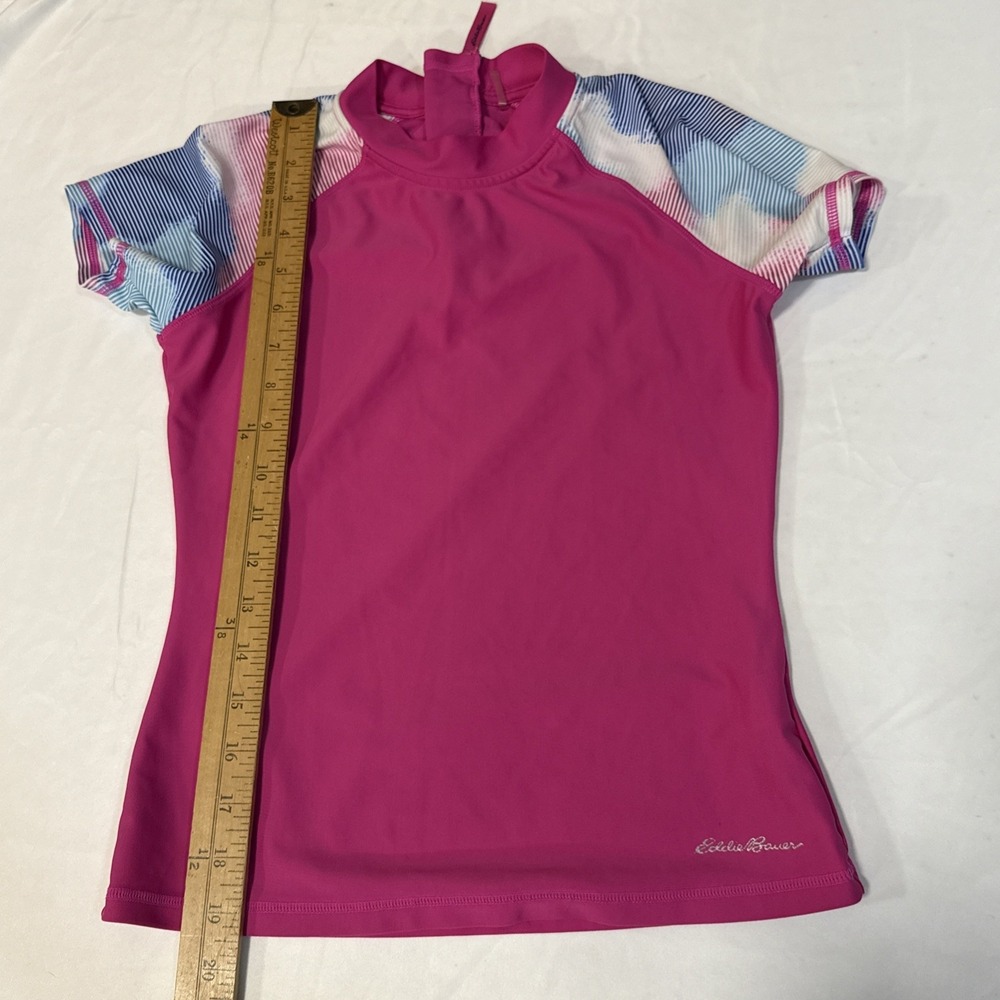 Eddie Bauer Youth Girls Medium Swim Shirt Short Sleeves Pink Zip Back Swimsuit - Picture 3 of 6